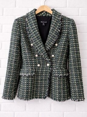 Rachel Zoe Green Metallic Tweed Blazer | Double Breasted | Size Small